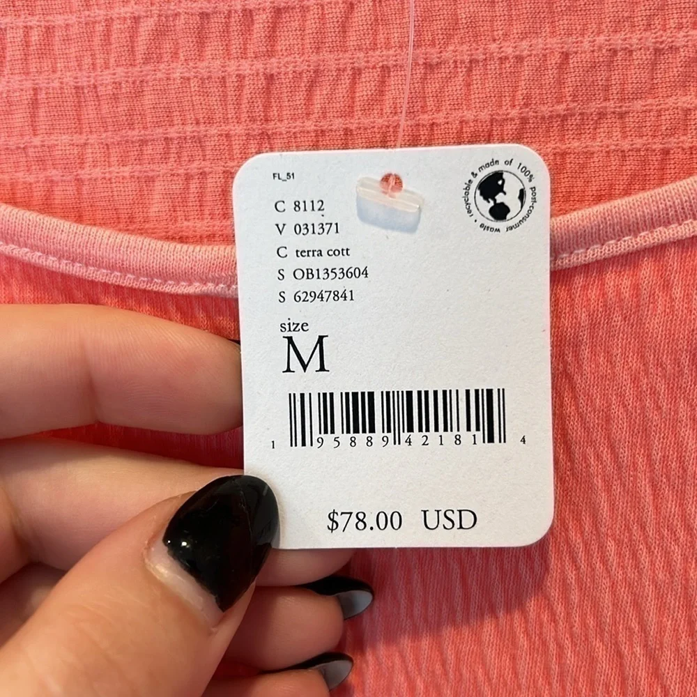 NWT Free People Day Lily Puff 3/4 Sleeve Smocked Round Neck Blouse in Coral - M